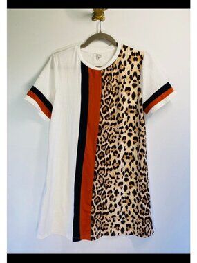 Leopard Print & Colorblock Short Sleeve Mini Dress White/Orange/Black Size M Pol